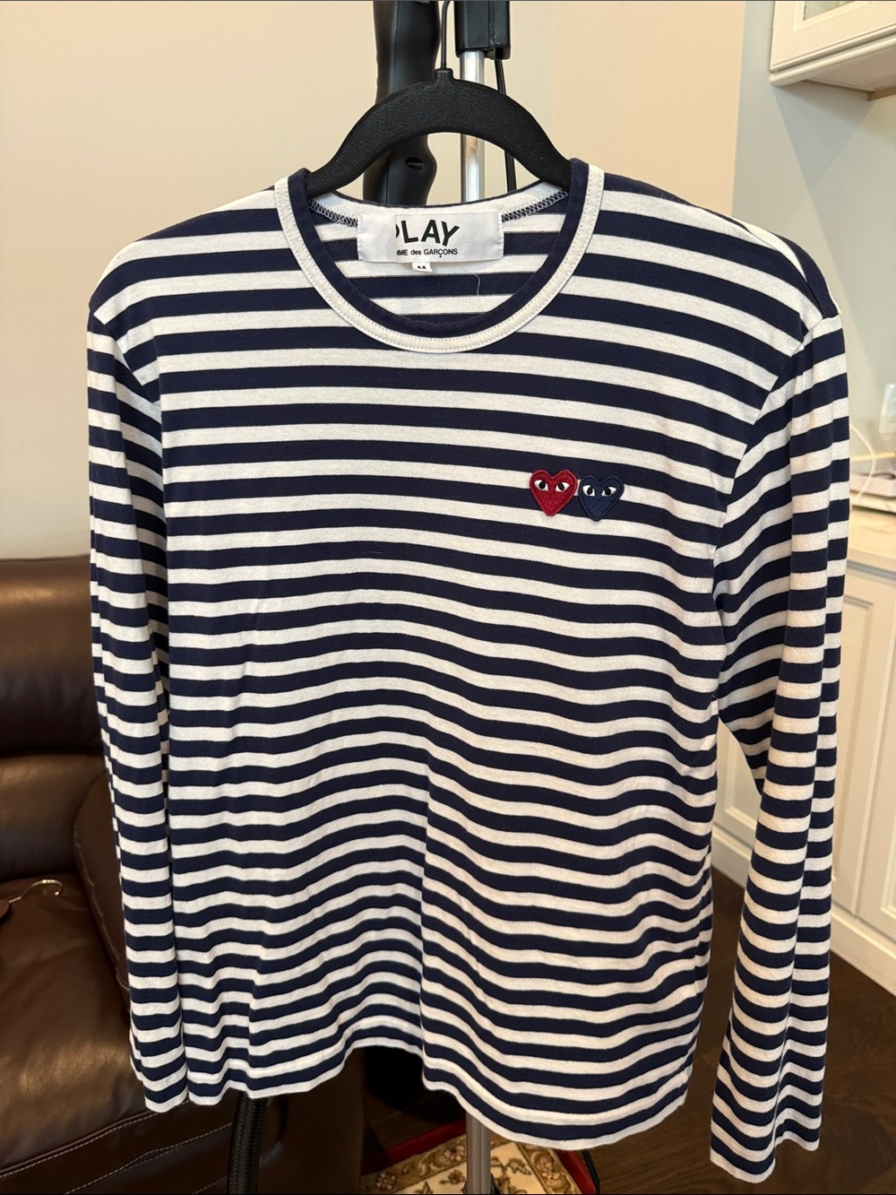Comme des Garcons PLAY Navy & White Striped Long-Sleeve Shirt with Heart Logo
